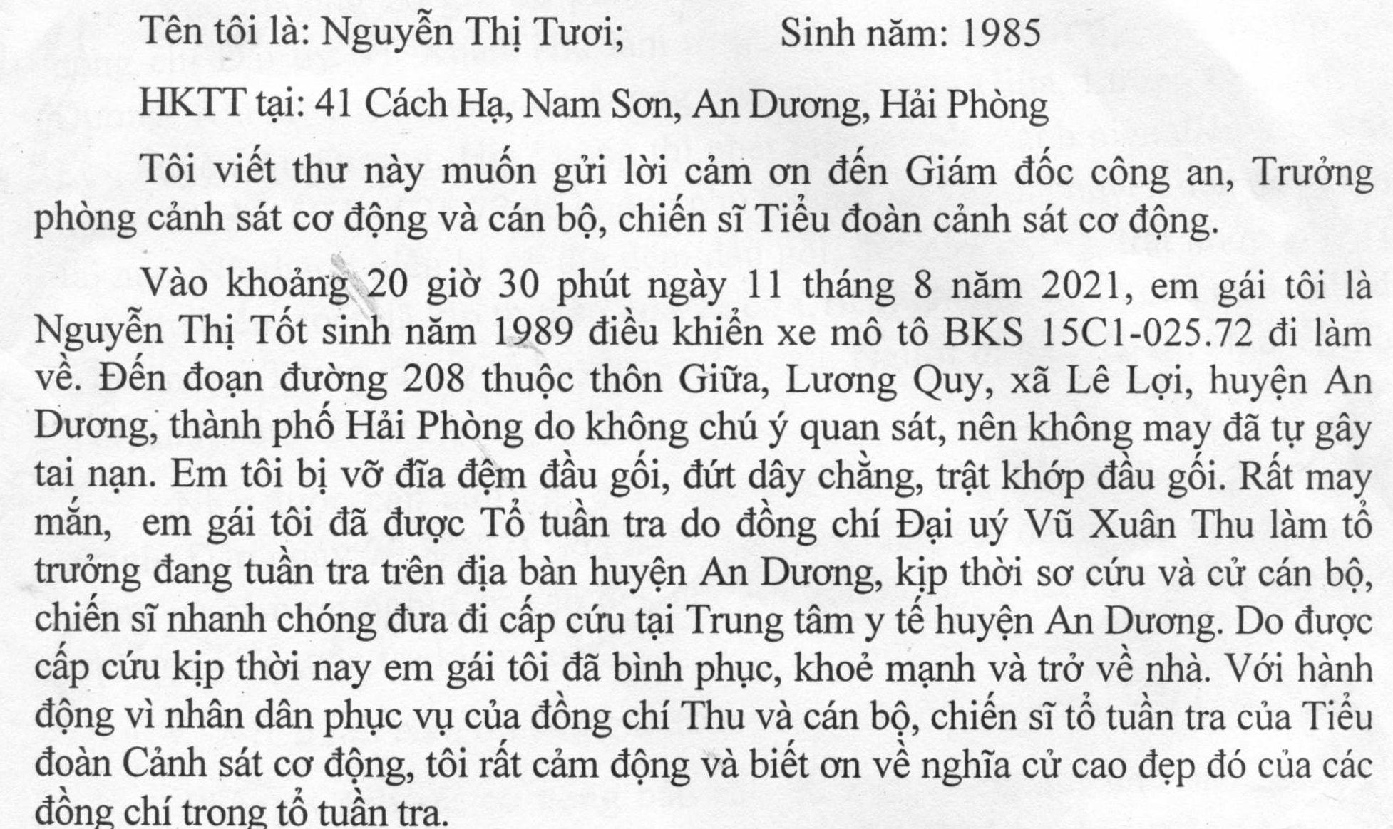 Chị Nguyễn Thị Tươi gửi thư cảm ơn